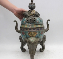20" Tibet Buddhism Cloisonne Bronze Copper Elephant Handle Incense Burner Censer 2024 - buy cheap