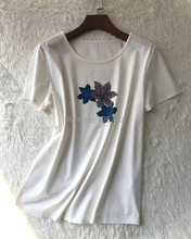 Elfbop-Camiseta de manga corta con cuello redondo para mujer, blusa de mezcla de seda y algodón, hoja de arce estampada blanca, Top - 2019 2024 - compra barato