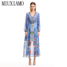 MIUXIMAO-vestido largo de primavera y verano para mujer, traje azul de manga larga con cuello en V y estampado Floral, longitud hasta el tobillo, 2019 2024 - compra barato