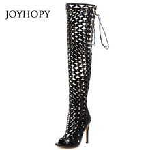 JOYHOPY Sexy Patent Leather Grid Thigh High Sandals Boots Women High Heels Peep Toe Shoes Woman Rivet Over The Knee Boots WB1388 2024 - buy cheap