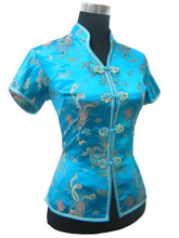 Promotion Blue Chinese Style Women Summer Blouse V-Neck Shirt Tops Silk Satin Tang Suit Top S M L XL XXL XXXL JY0044-4 2024 - buy cheap