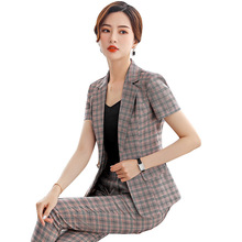 2019 Fashion temperament short-sleeved plaid suit summer women's two-piece secretary professional wear hotel manager overalls 2024 - buy cheap