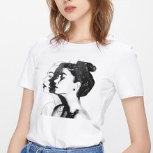 Camiseta feminina moderna para primavera-verão, camiseta feminina estampada com manga curta e gola redonda, de elastano com corte slim 2024 - compre barato