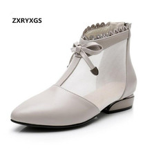 2021 New Summer Mesh Genuine Leather Shoes Woman Sandals Pointed Lace Low-heeled Cool Boots Plus Size  Women Shoes Sandals 2024 - buy cheap