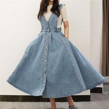 Women Denim Dress 2022 Fashion Single Breasted Spaghetti Strap Jean Dress Women Big Hem Backless Dress a-line 2024 - buy cheap