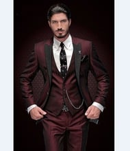 2020 New Arrival Groomsmen Peak Black Lapel Groom Tuxedos Burgundy Men Suits Wedding Best Man Blazer (Jacket+Pants+Vest) 2024 - buy cheap