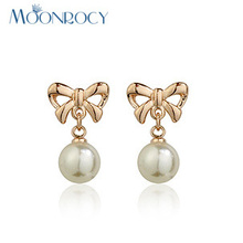 MOONROCY Free Shipping Fashion Bowknot Austrian Crystal Earring bowknot Rose Gold Color Imitation Pearl Jewelry For women 2024 - buy cheap