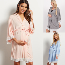 Maternity Solid Color Sleepwear Dress Pregnant Women Lace Stitching Cardigan Breastfeeding Robes Pajamas Pregnancy Mom Nightwear 2024 - buy cheap