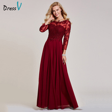 Dressv burgundy cheap evening dress scoop neck a line long sleeves appliques wedding party formal  lace evening dresses 2024 - buy cheap