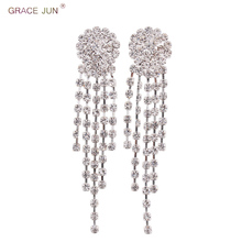 GRACE JUN Luxury Bridal Clip on Earrings No Pierced for Women Fashion Geometric Tassel Needn't Ear Hole Earrings Best Jewelry 2024 - buy cheap