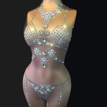 Roupa de palco brilhante sexy, maiô com lantejoulas e strass, roupa para festa de cristal, dj, cantor feminino, boate, traje de dança de jazz 2024 - compre barato