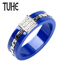 Fashion New Elegant Blue Ceramic Ring Middle Layer Stainless Steel Crystal Blue Ceramic Ring With Zircon For Women Wedding Ring 2024 - buy cheap