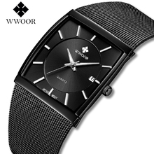 2019 Men Watch Top Brand WWOOR New Luxury Mens Square Quartz Watch Men's Date Black Stainless Steel Mesh Business Sports Clock 2024 - buy cheap