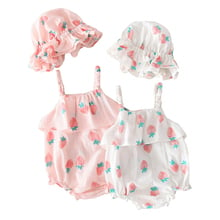 0-18M 2PCS/Set Summer Newborn Infant Baby Girl Bodysuit Cotton Strawberry Printing Playsuit with Hat Pink Sling Bodysuits 2024 - buy cheap