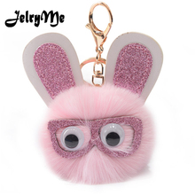 Fashion Glitter Glasses Rabbit Keychain Pompom Faux Bunny Fur Ball Pendant Cute Sequin Women Key Chains Bag Car Key Ring Holders 2024 - buy cheap