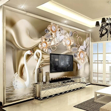 Beibehang-papel tapiz 3d personalizado para sala de estar, mural de joyas con perlas doradas, flores de Cisne y Lago, decoración de pared 2024 - compra barato