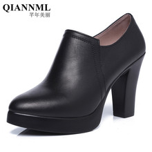 Zapatos de tacón de bloque para mujer, calzado de piel auténtica con plataforma y boca profunda, para oficina, 32-43 talla grande, otoño 2021 2024 - compra barato