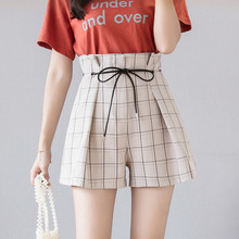 Hiawatha-pantalones cortos de cintura alta para mujer, moda coreana, de gasa a cuadros, acampanados, con cinturón, D4204 2024 - compra barato