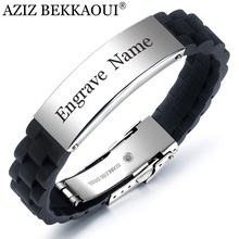 AZIZ BEKKAOUI Wide Punk Engrave Name Leather Bracelet for Men Black Silicone Stainless Steel Bracelets Male Jewelry Dropshipping 2024 - buy cheap