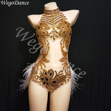 Body de malha transparente dourado com strass, roupa para cantoras e celebração de aniversários, boate e dança 2024 - compre barato