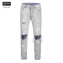 Man Jeans Brand 2021 Straight New Men Ripped Holes Jeans Zipper Casual Slim Skinny Stretch Denim Pants Biker Jeans Blue Jeans 2024 - buy cheap