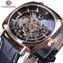 Forsining-reloj mecánico automático para hombre, de cuero genuino negro, de lujo, dorado, mecanismo a la vista transparente, de marca superior 2024 - compra barato