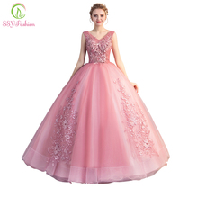 SSYFashion New Pink Evening Dress Sweet Lace Appliques Beading Floor-length V-neck Sleeveless Party Gown Custom Formal Dresses 2024 - buy cheap