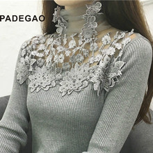 Autumn Winter Sweater Women 2019 Flower Lace Jumper Pull  Pink Knitted Sweater Casual Turtleneck Long Sleeve 2024 - buy cheap