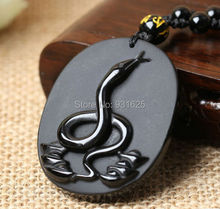 New Beautiful Handwork Natural Black Obsidian Carved Chinese Zodiac Snake Lucky Amulet Pendants free Necklace fashion Jewelry 2024 - buy cheap