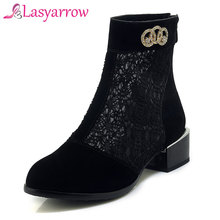 Lasyarrow-Botines de tacón medio para mujer, botas cortas informales de punta redonda, zapatos de tacón negro sólido, primavera y otoño, 2019 2024 - compra barato