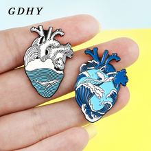 Gdhy broche de coração humano, broche azul oceano, onda do mar, baleias, alfinetes de lapela, anatômico, coração, crachá, médico anatomia, joias 2024 - compre barato