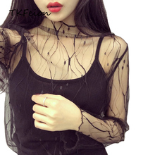 Women Sexy Mesh Blouse Lace Tops Summer Long Sleeve Stand Collar Female Casual Elegant Tees Hollow Out Striped Shirt Black White 2024 - buy cheap