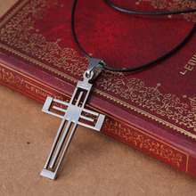 Pingente religioso de cruz de jesus, colar de aço inoxidável com pingentes e corrente de couro para homens joias 2024 - compre barato