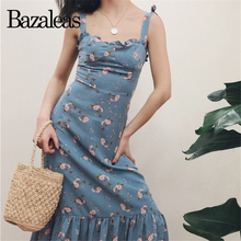 Bazaleas Ties Slip slash neck Dresses Brand Blue Flora blue Print Dress Spaghetti Strap Seams DRESSES drop shipping 2024 - buy cheap