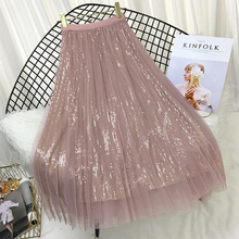 Spring Summer Skirts Women Korea Long Tulle Skirt Sequined Pleated A Line Midi Skirt Chic High Waist Skirt Female 2024 - buy cheap