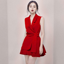 2 Piece Set Women Suit 2019 Turn-down Collar Sleeveless Suit Long Tops and Pleated Mini Skirts Crop Top and Skirt Two Piece Set 2024 - buy cheap