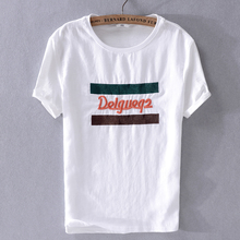 Camiseta de lino para hombre, camisa lisa con bordado de cuello redondo, informal, color blanco, novedad de verano, 2019 2024 - compra barato