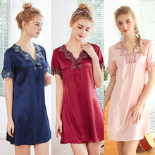 Women Short Sexy Lace Nightwear Silk Sleepwear Solid Short Sleeve Sleepshirts Satin Nightdress Lingerie Night Wear Dress Gown 2024 - buy cheap