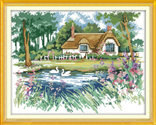 The pond-side cabin cross stitch kit landscape18ct 14ct 11ct count printed canvas stitching embroidery DIY handmade needlework 2024 - buy cheap