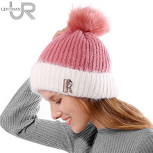 Gorro cálido de Invierno para mujer, gorro de punto con letras R, con pompón de piel de conejo, novedad 2024 - compra barato