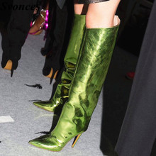 Fashion Show Lady Dress Boots Thin High Heel Half Knee High Boots Green Mirror Leather Women 39 s Boots Pointed Toe Work Boots 2024 - buy cheap