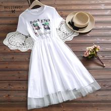 Estilo coreano vestidos de verão para festa elegante feminino vestido midi vestidos de moda personagem carta impresso malha retalhos vestido 2024 - compre barato