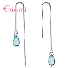 Korean Elegance Ladies Women Long Thread Drop Earrings Genuine 925 Sterling Silver Blue Crystals Party Pendientes Jewelry 2024 - buy cheap