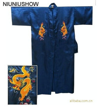 Free Shipping Navy Blue Chinese Men's Satin Silk Robe Embroidery Kimono Bath Gown Dragon Size S M L XL XXL XXXL S0103-E 2024 - buy cheap