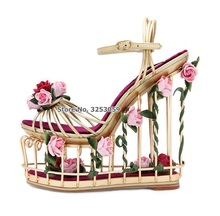 Sandálias almudente de salto alto com plataforma, sandálias luxuosas de metal douradas com flores 3d, vermelho, rosa, cunha céu-alto, sapatos de casamento 2024 - compre barato