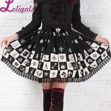 Falda de patinadora de cintura elástica gótica, Kawaii Falda corta de cuadros de encaje negro, Lolita 2024 - compra barato