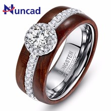 High Polish Crystal Zircon Man Knuckle Finger Ring Real Koa Wood Tungsten Steel Ring Carbide For Men Bijoux Homme 2024 - buy cheap