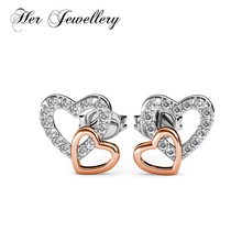 Her Jewellery korean style women Earrings Love with Rose Gold 2 Heart stud earrings Made with crystals from Swarovski  HE0289 2024 - buy cheap