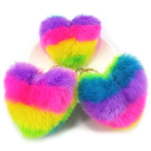 Women Heart Pompoms Keychain Rainbow Plush Faux Rabbit Fur Key Chains Decorative Pendant Bag Accessories Car Keyring 2024 - buy cheap