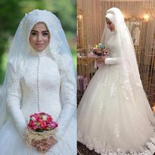 Vestido de noiva com mangas compridas, vestido de casamento muçulmano, vestido de baile com gola alta, renda de tule, boho, vestido de noiva estilo arábia 2024 - compre barato